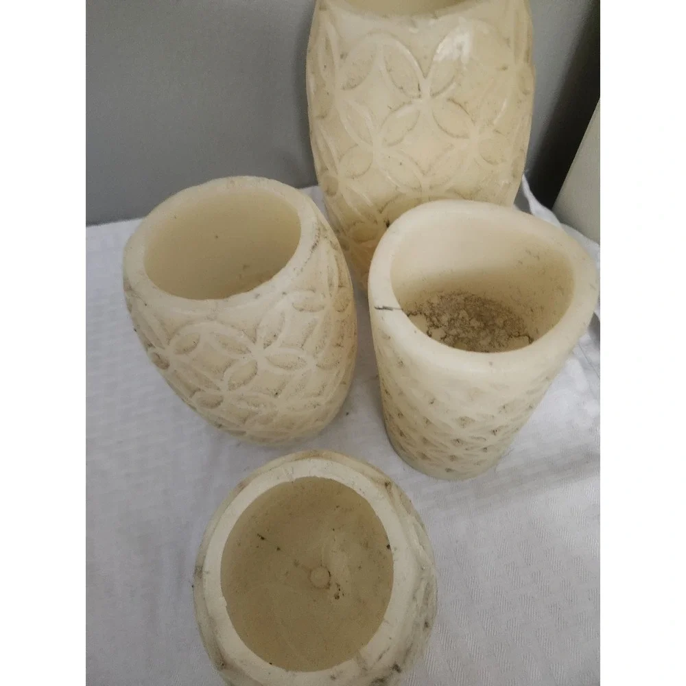 Set of 4 Flameless LED Pillar Candles Carved Wax Lattice Cream Untested